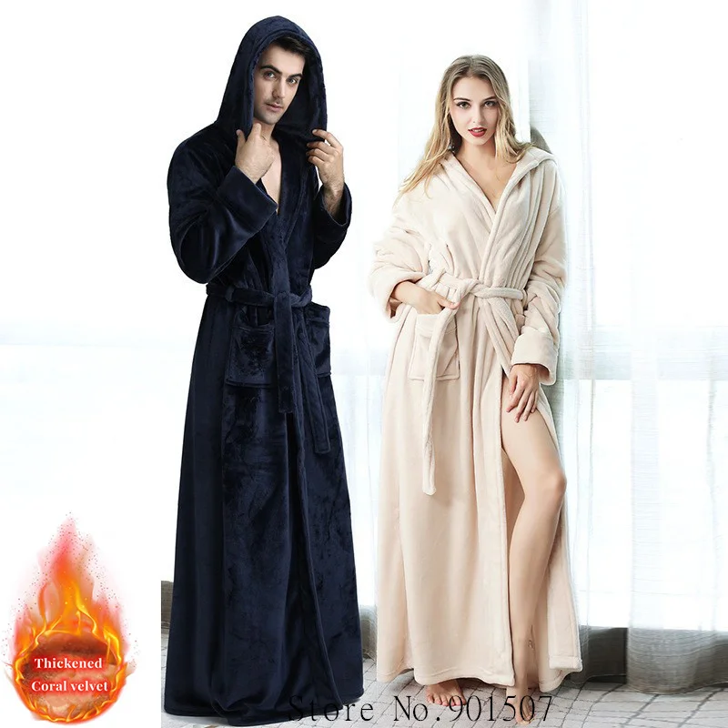 Winter Bathrobe Long Sleeve Warm Flannel Kimono Robes Women Shower Robe Hooded Nightwear Couple Coral Fleece Dressing Gown