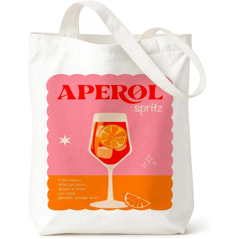 Vintage Aperol Spritz Cocktail Orange Pink Canvas Tote Bag Reusable Eco Shopping Shoulder Bag Summer Vacation Gift Handbag