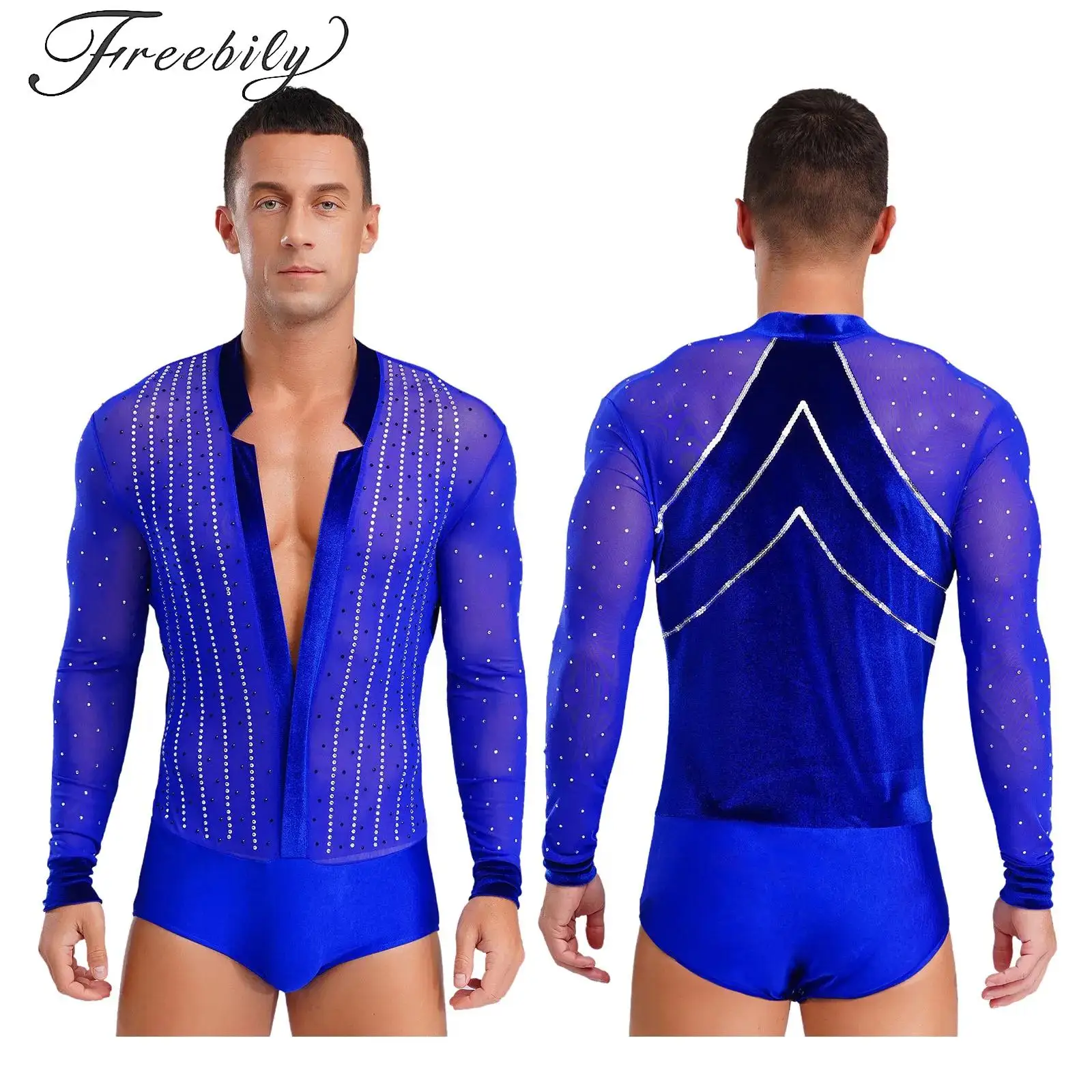 

Men Latin Dance Shirts Shiny Rhinestones Gymnastics Figure Skating Leotard Ballroom Chacha Tango Rumba Dance Bodysuit Shirts Top