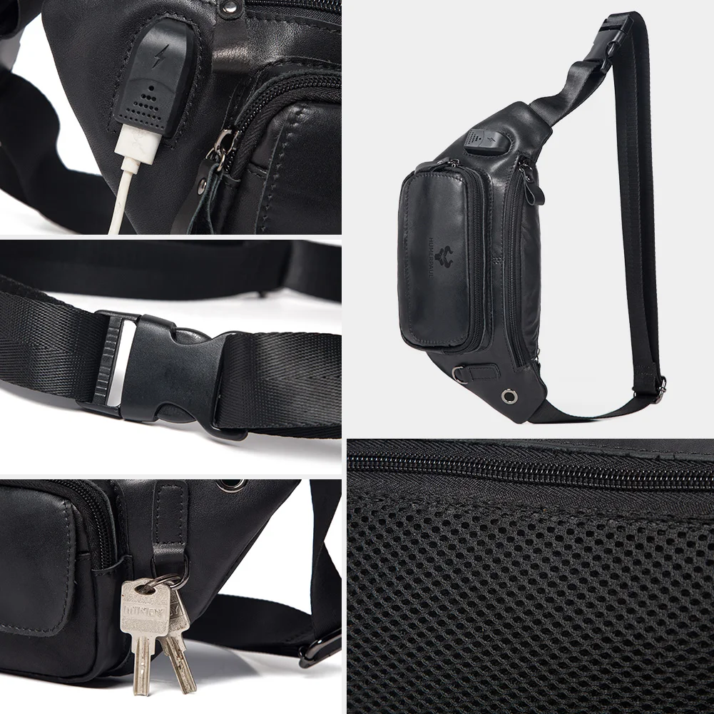 HUMERPAUL 100% Genuine Leather Chest Bag For Men Higt-Capacity With Durable USB Charging Crossbody Bag