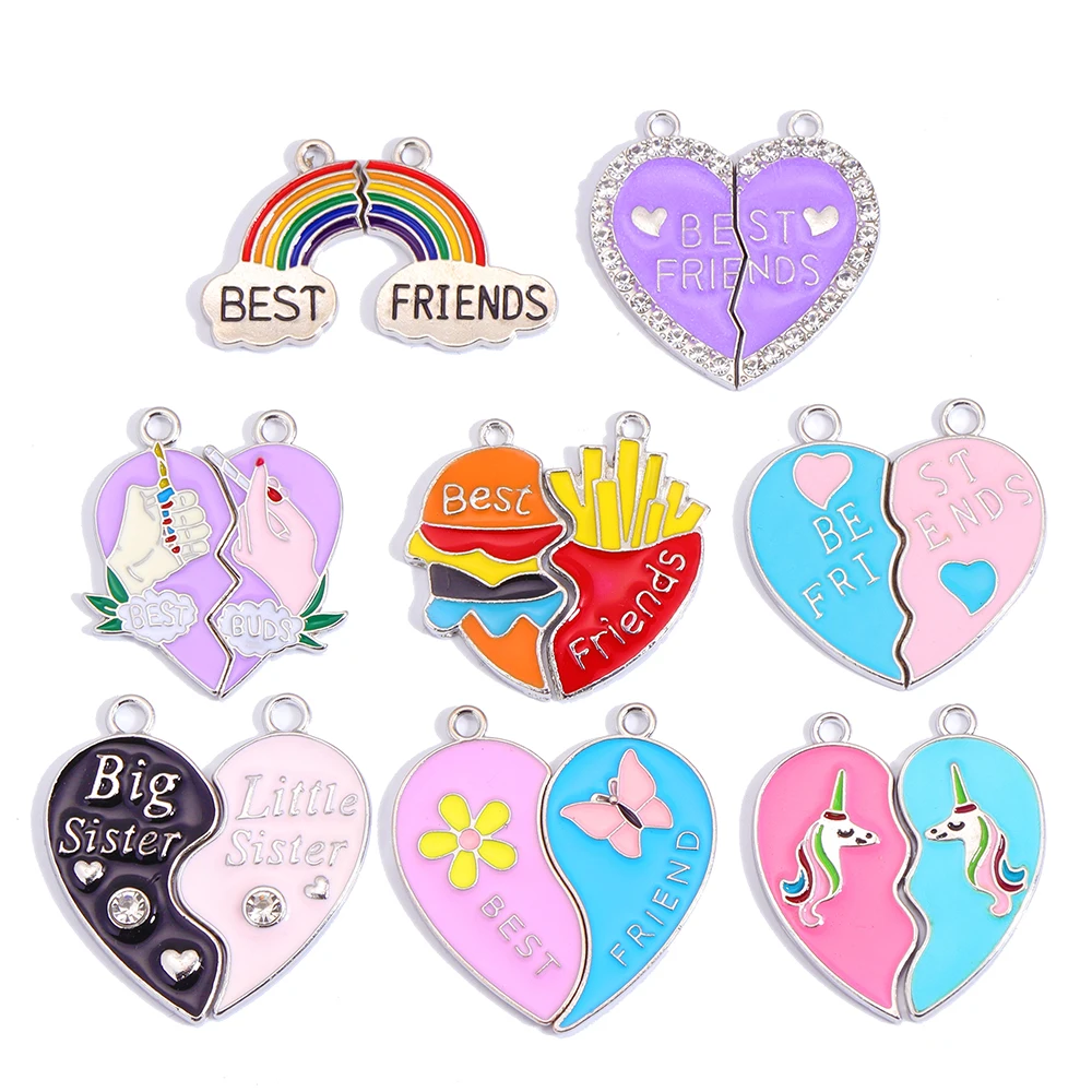 

2 Pairs Silver Best Friend Sister Love Splicing Alloy Enamel Butterfly Pendant For Good Friend Necklace Keychain DIY Handmade