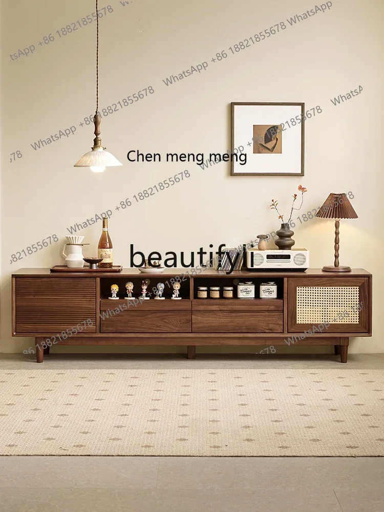 

M178 North American black walnut TV cabinet Nordic simple solid wood rattan door TV cabinet household