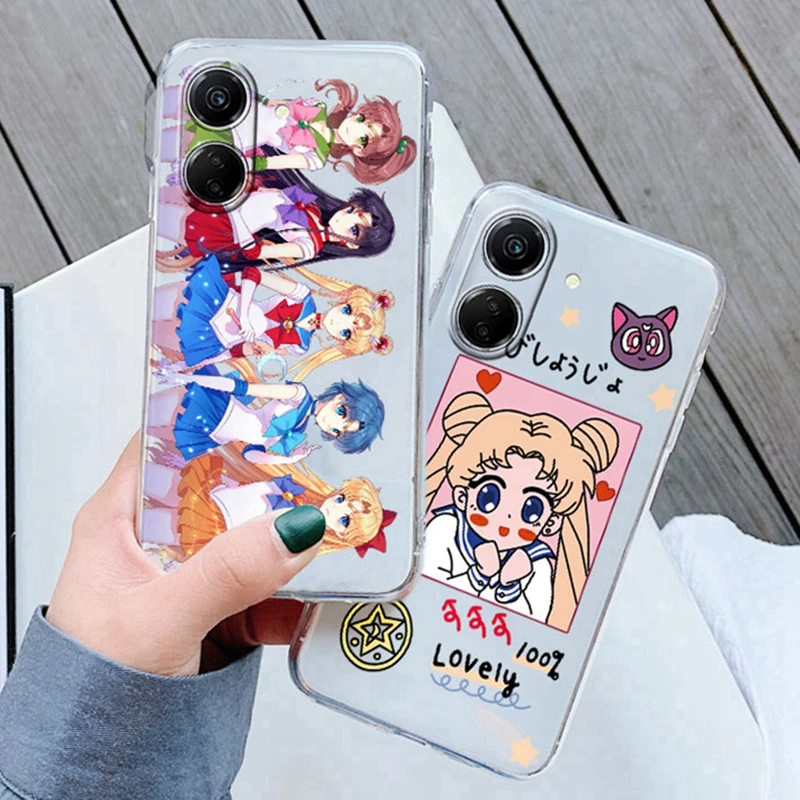 Capa de telefone dos desenhos animados para Xiaomi Redmi, 13C, 13C, Poco C65, transparente, capa de silicone transparente, marinheiros, coelho, meninas, gato, anime, desenhos animados