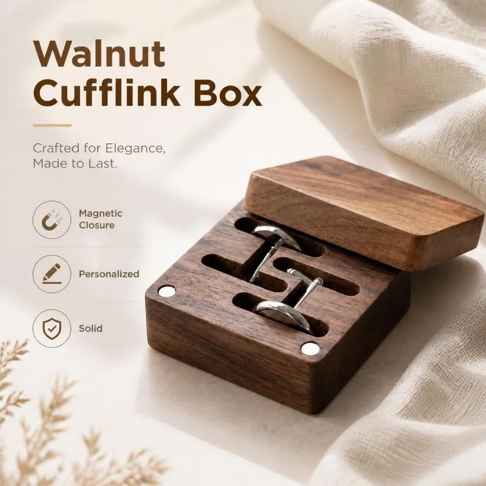 Magnetic Closure Walnut Cufflink Box Personalized Solid Cufflink Organizer Exquisite Flip‑top Wood Magnetic Closure Storage