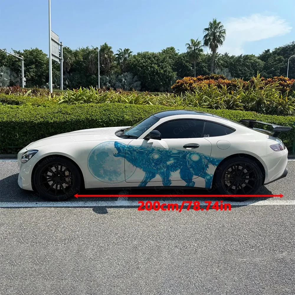 2pcs Cyber Mechanical Wolf Moon Car Side Wraps, Self-Adhesive PVC Waterproof & Scratch-Resistant Stickers, Car Accessory Gift