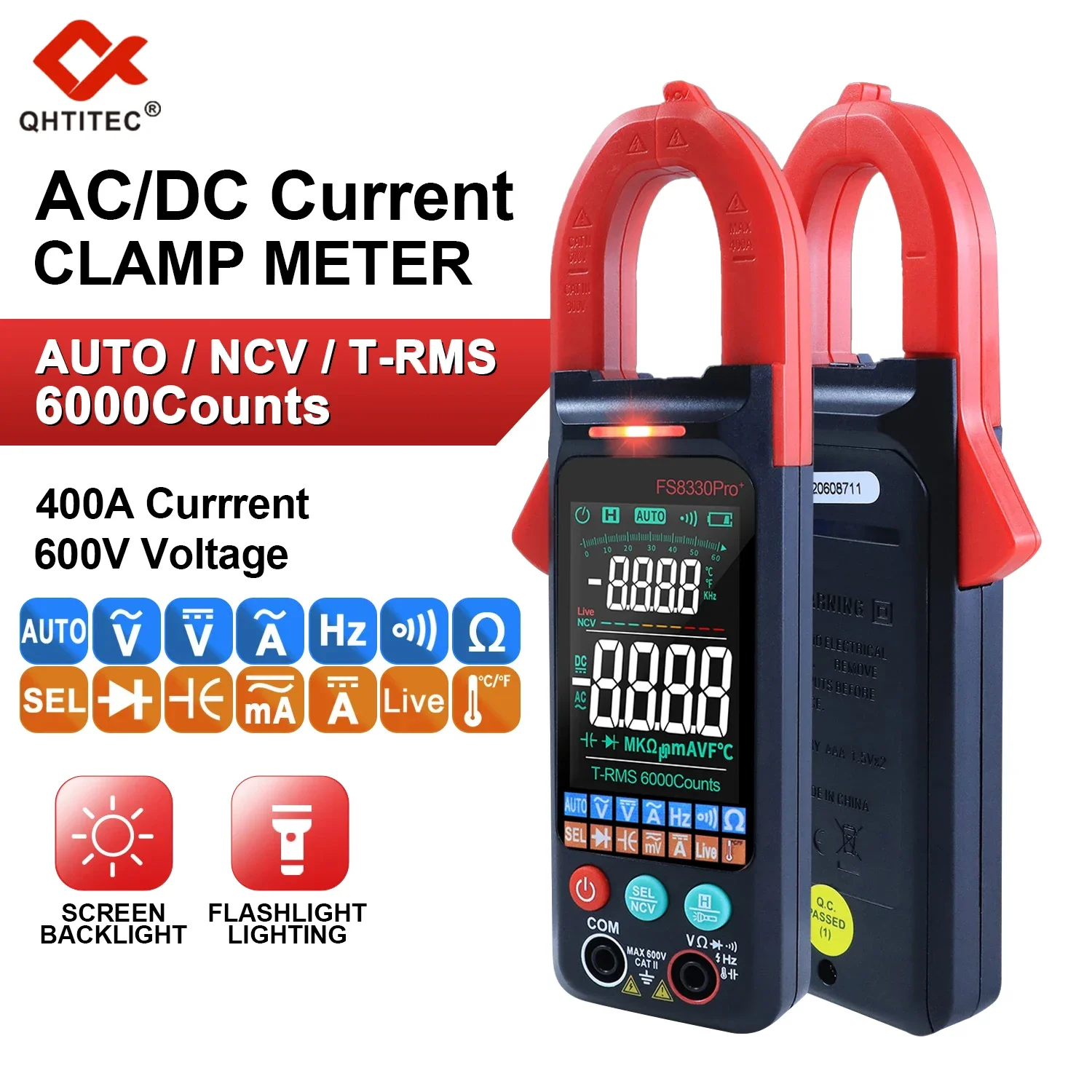 JCD DC/AC Current Digital Clamp Meter 6000 Counts 400A Amp Multimeter Large Color Screen Voltage Tester Car Hz NCV Ohm Meter