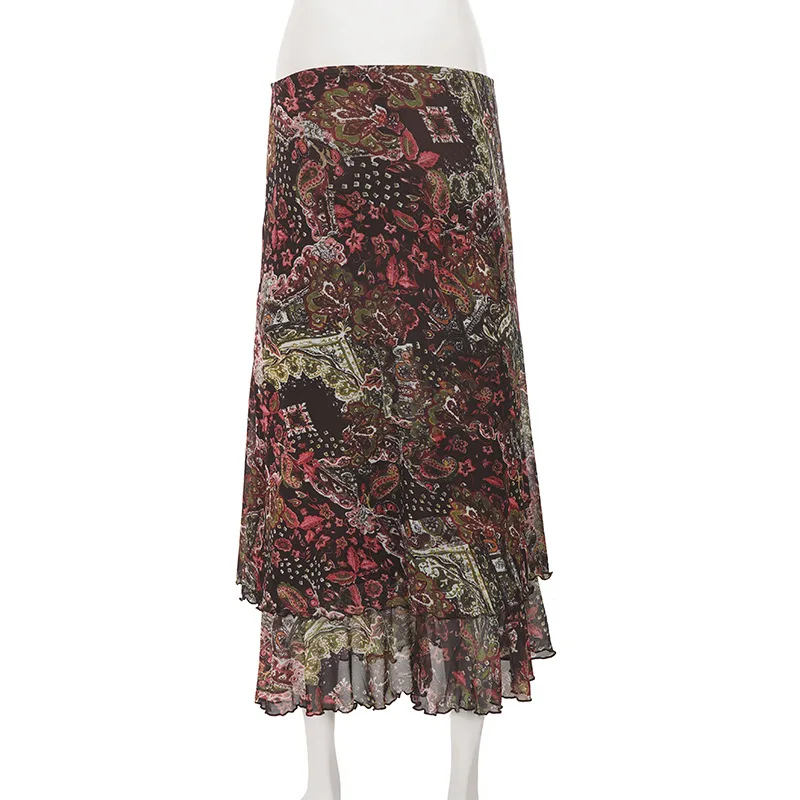 retro ethnic style printed flower mesh skirt summer vacation style wrapper hip long skirts for women