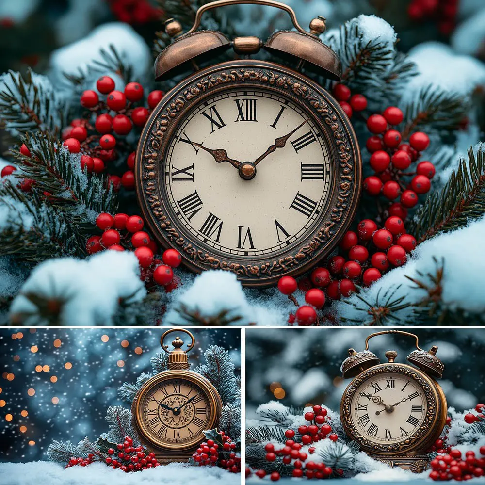 

Mocsicka Photography Backdrops Winter Snow Outdoor Clock Happy New Year Party Decorations Christmas Eve Family Photo Background