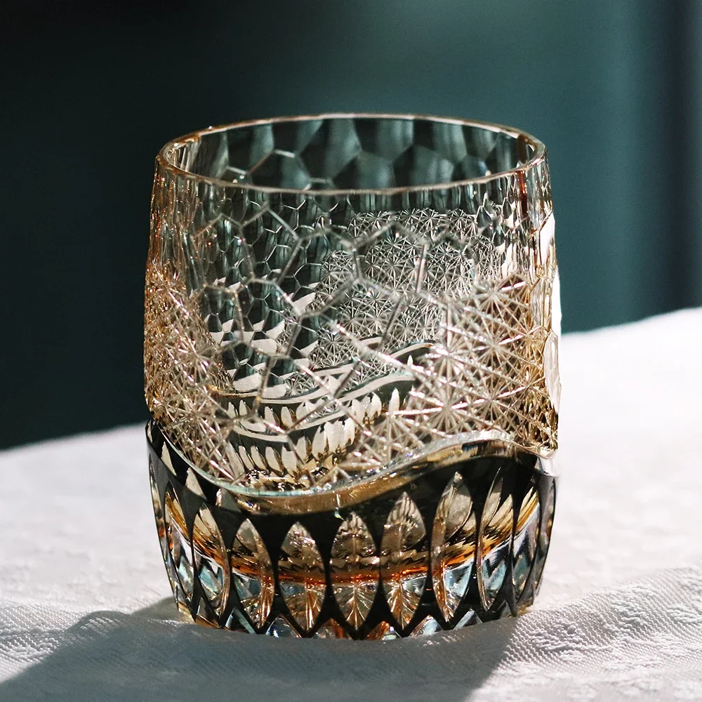 360ml Grey Whiskey Glass 24% Lead Crystal Japanese Style Edo Kiriko Engraved Diamond Pattern Bucket Rocks Tumblers Cocktail Glas