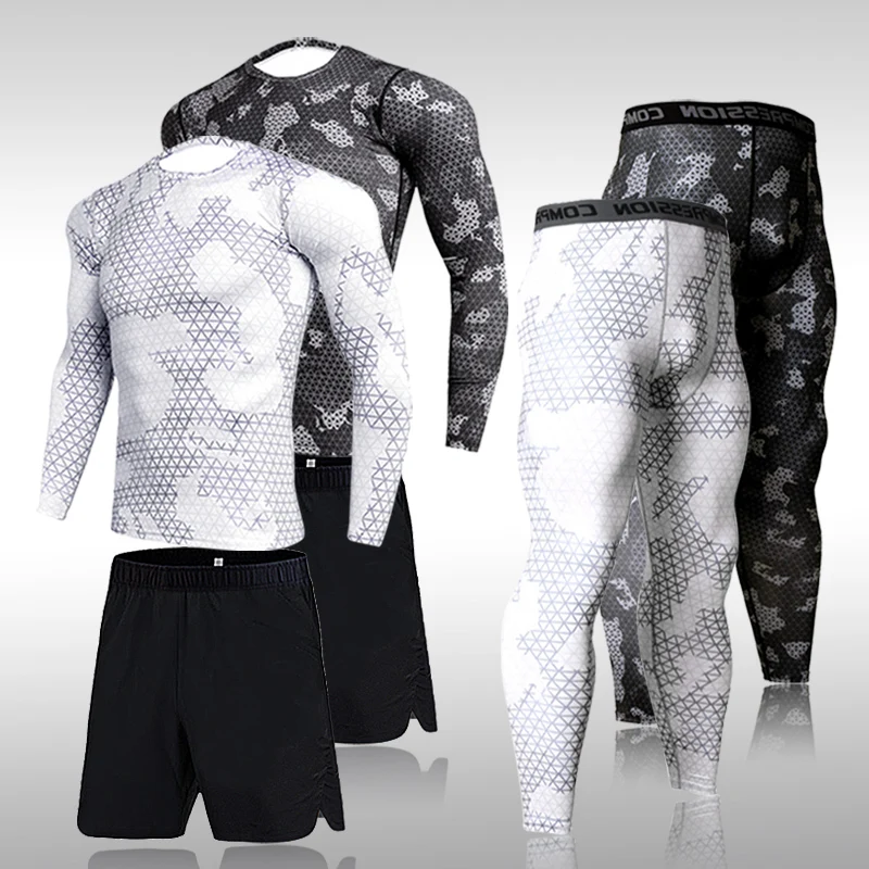 

3 Pcs/Set Men's Exercise Workout Leggings Set MMA Fitness Leggings Compression Sports Suit Men Clothing Brand Underwear T Shirt