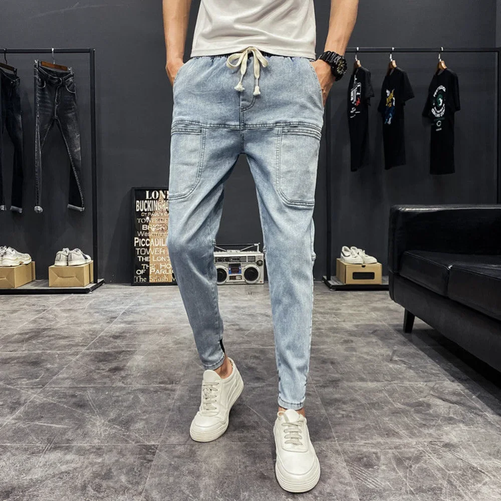 2025 nova primavera verão calças de brim masculinas vintage cor sólida elástica clássico jeans masculino magro moda denim calças masculinas carga