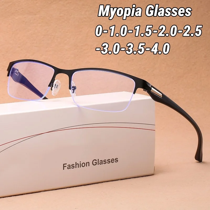 

Men's Business Half Frame Myopia Glasses Retro Classic Square Frame Anti Blue Light Near Sight Eyeglasses Finished Eyewear