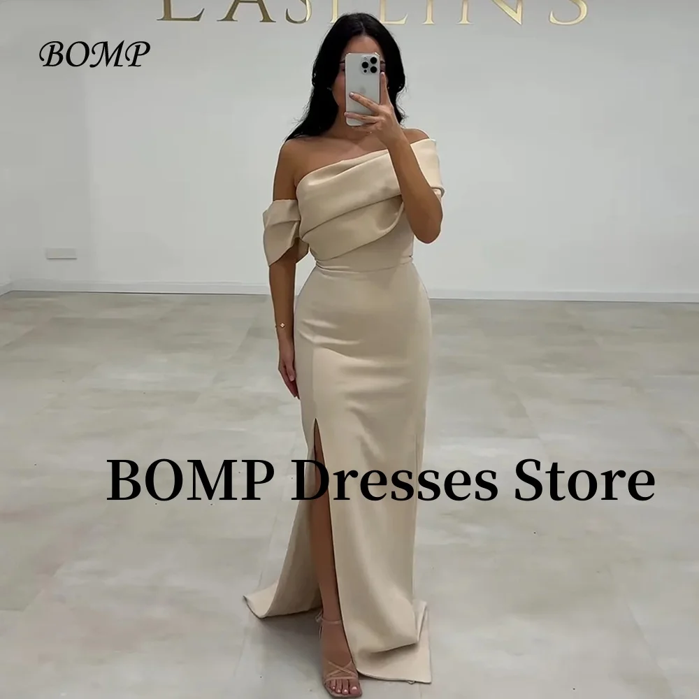 BOMP – robe de demoiselle d'honneur élégante en Satin Champagne, style sirène, asymétrique épaule dénudée, fente latérale drapée, robes de bal de mariage, personnalisées, 2025