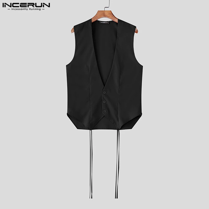 

INCERUN Men Vests Solid Color V Neck Sleeveless Button Casual Male Waistcoats Belt Streetwear 2025 Fashion Leisure Vests S-5XL