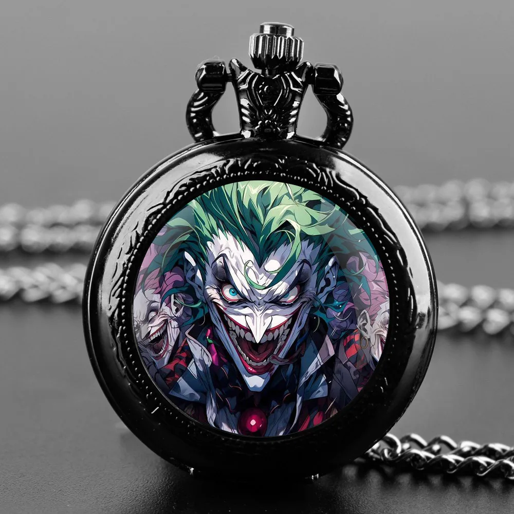 Joker Themed Glass Dome Quartz Pocket Watch Classic Arabic Numeral Dial with Durable Chain for Men Creative Gifts