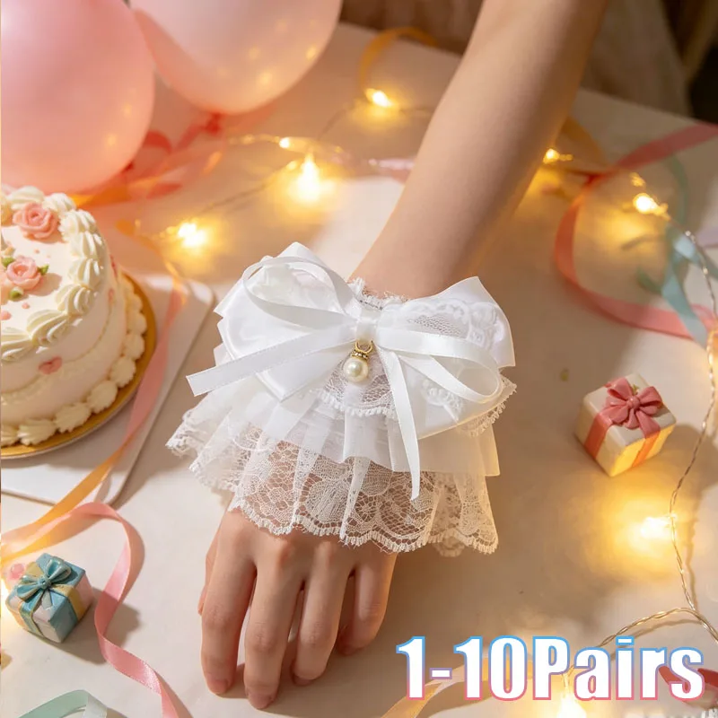 1-10Pairs Lace Bow Pearl Wrist Band Sweet Girl JK Style Arm Sleeve Cosplay Party Daily Wear Cute Bracelet Hand Accessory