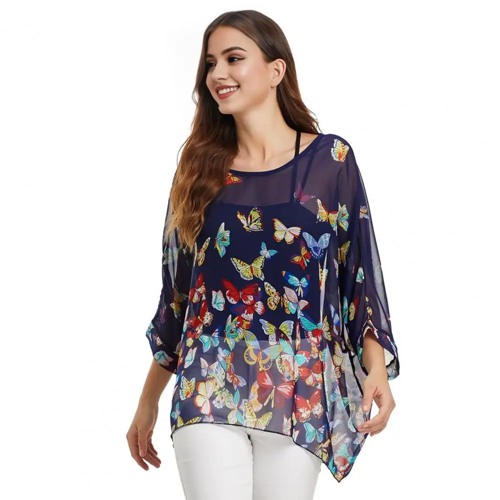 Women Bikini Cover Up Round Neck 3/4 Batwing Sleeve Chiffon Beach Tops Butterflies Print Ultra-thin Sun Protection Clothing