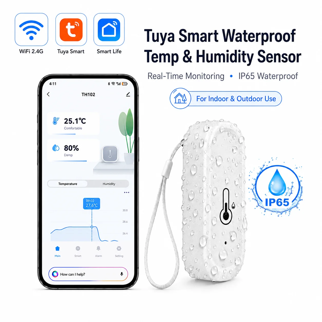 Tuya IP65 Wasserdichter WLAN-Temperatur- und Feuchtigkeitssensor für Innen- und Außenbereich, Heimthermometer, kompatibel mit Alexa und Google Home Voice.