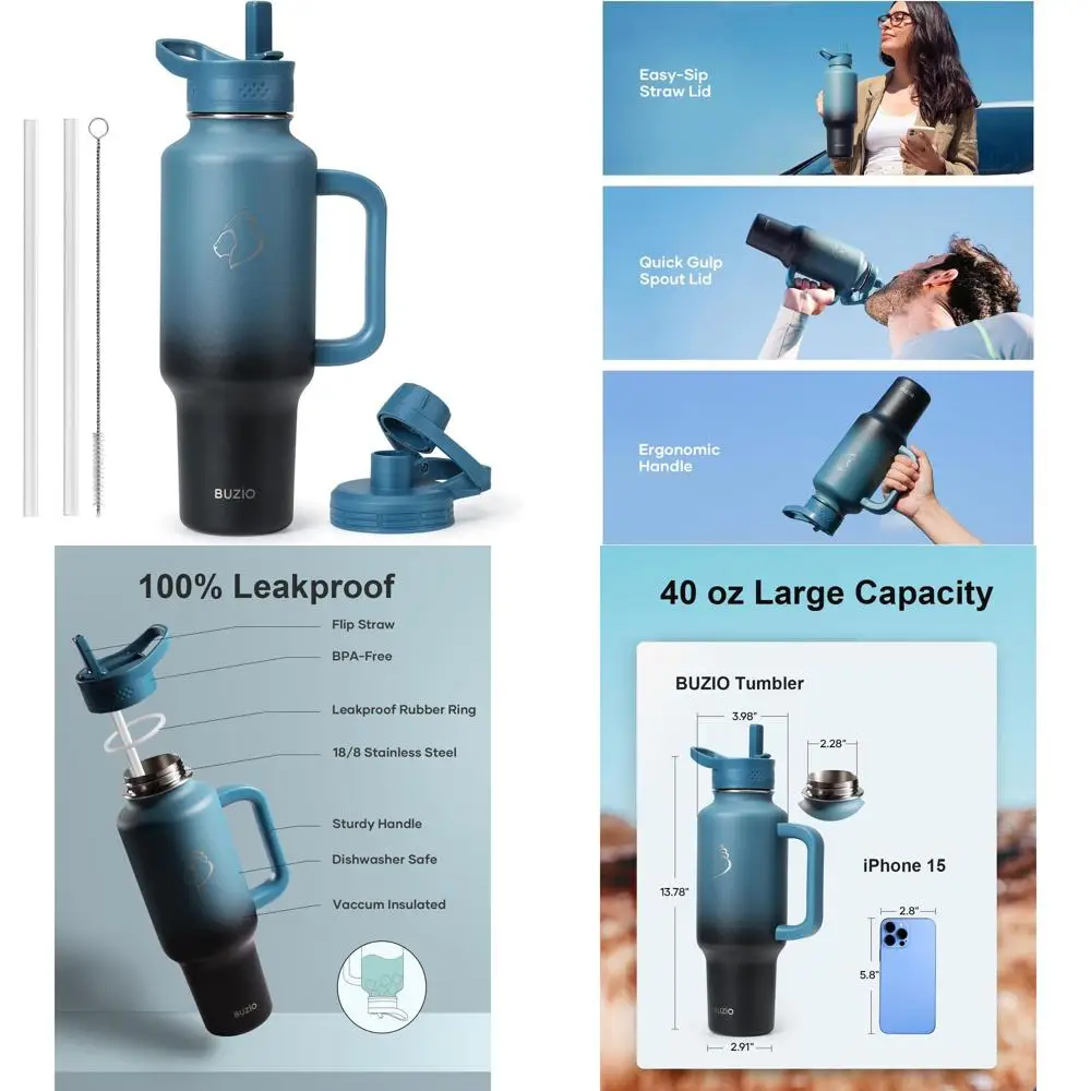 

Изолированный стакан из нержавеющей стали с ручкой, соломинкой и крышкой, герметичный, без BPA, подходит для подстаканника, сохраняет холод, 48 часов и горячий.