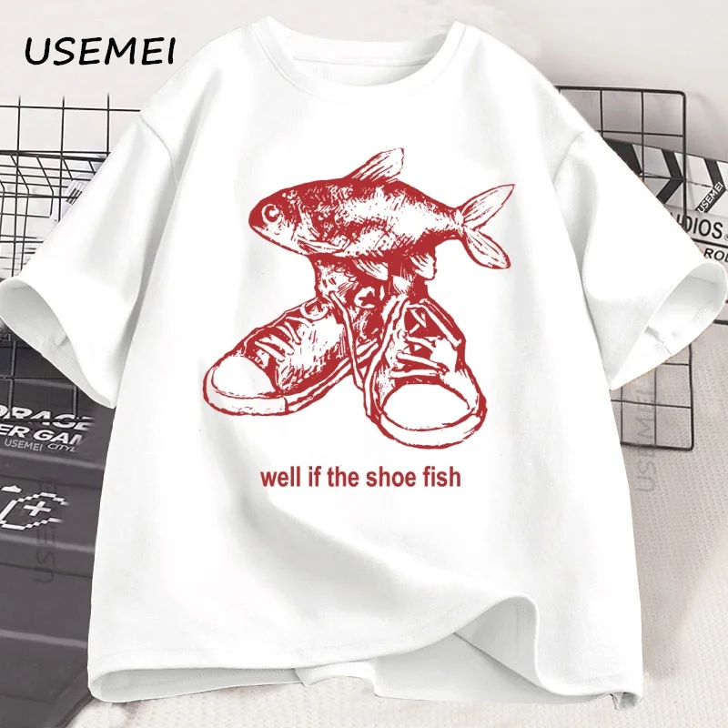 Shoe Fish Cursed T-Shirt Y2K Tees Funny Weirdcore Tee Y2K 90s Retro Graphic T Shirt Cotton Short Sleeve Men's Clothing Tees