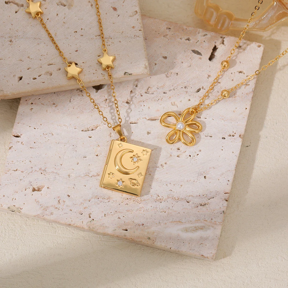 

18K Gold Color Plated Star Moon Inlaid Zircon Book Shape Pendant Necklace Fashion Pearl Flower Gold Color Chain Jewelry Gifts