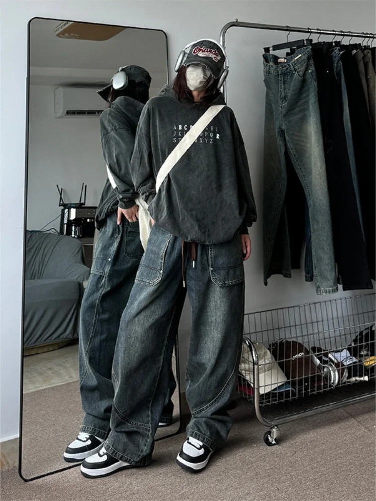 

Men's Wide Leg Jeans Design Sense Splice Haome Straight Long Pants Spring Autumn American Retro High Street Vibe Pants