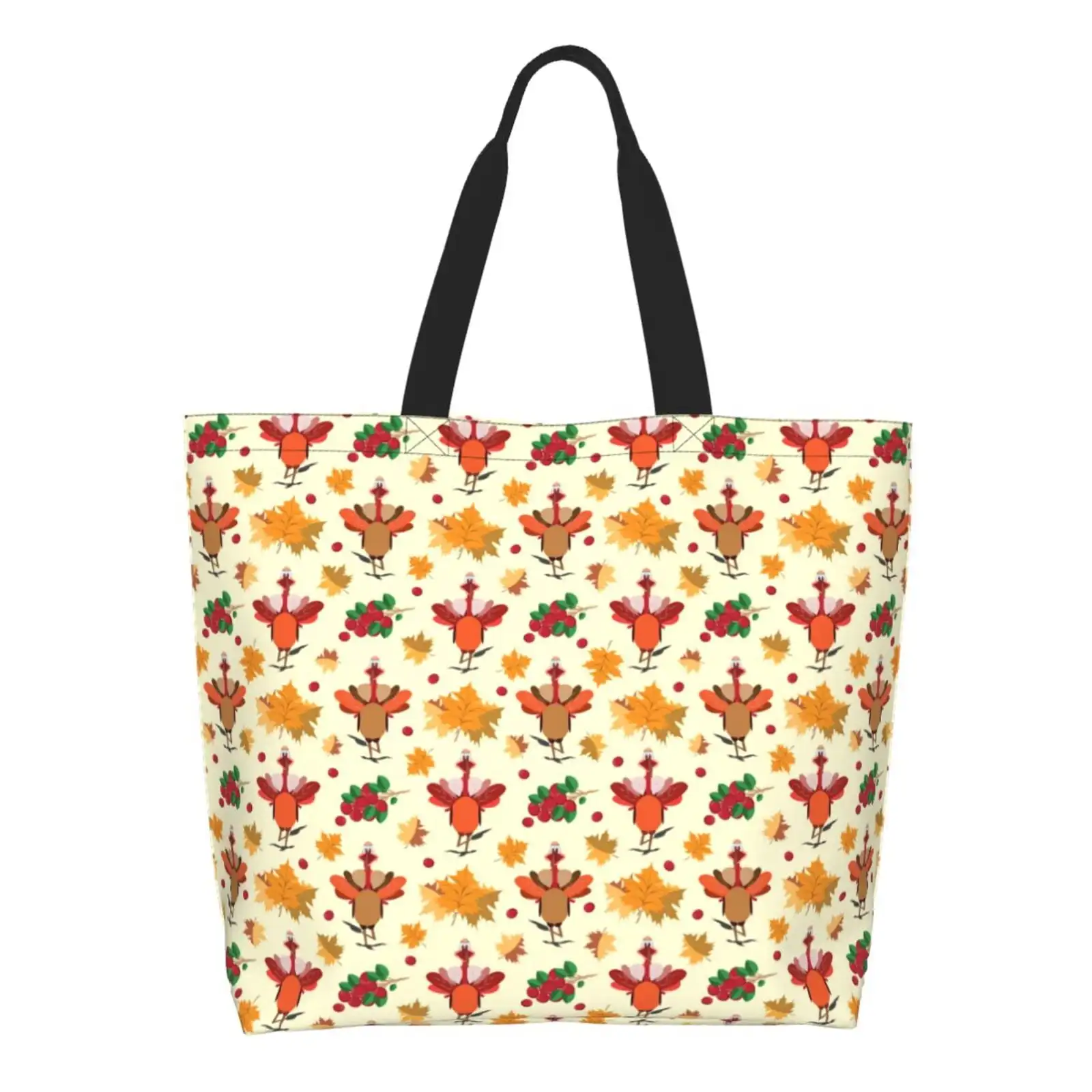 Thanksgiving Turkeys Print Reusable Grocery Bags - Washable, Foldable, Packable Tote, Large Handles, Heavy Duty, Zippered