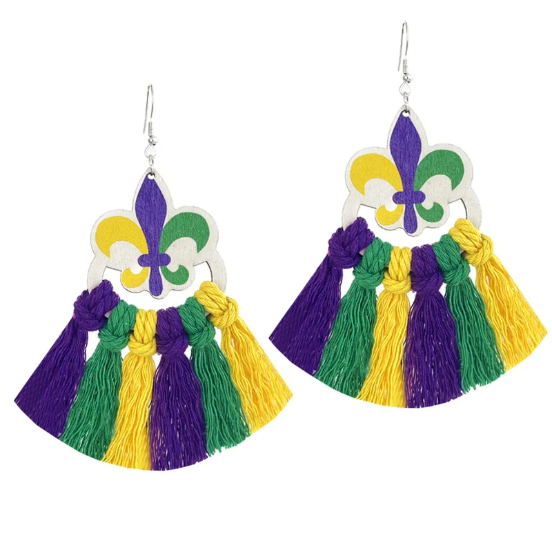 Carnival Earrings, Fat Tuesday, Mardi Gras Accessories for Women Purple, Green, & Gold Fringe Frayed Tassel Earrings Lightweight