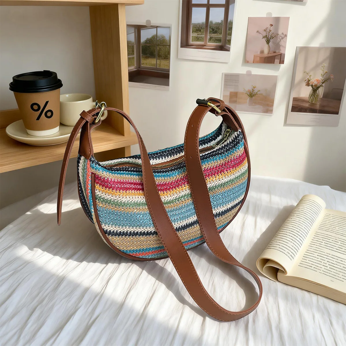 

Женская сумка-хобо в богемном стиле, полосатая плетеная сумка через плечо с регулируемым ремнем, многофункциональная сумка на плечо для отпуска и шопинга