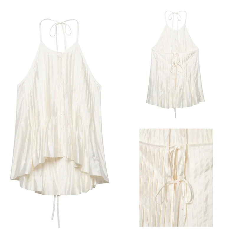 Guobioziy 2026 Women's Halter Cami Top Pleated Tie‑Back Sleeveless Blouse