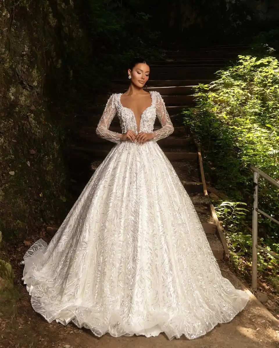 Lindo vestido de noiva linha a, pescoço quadrado, manga comprida, pérolas, vestido de casamento, lantejoulas, trem de varredura, renda, vestidos de noiva personalizados