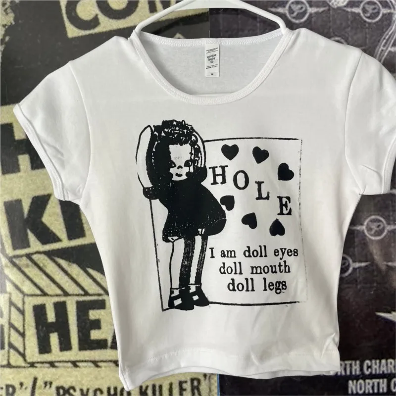 

2000s Aesthetic Dolls Graphics Baby tee Grunge Y2K Summer Crop Tops Slim Harajuku Streetwear Gothic Short Sleeve T-shirts