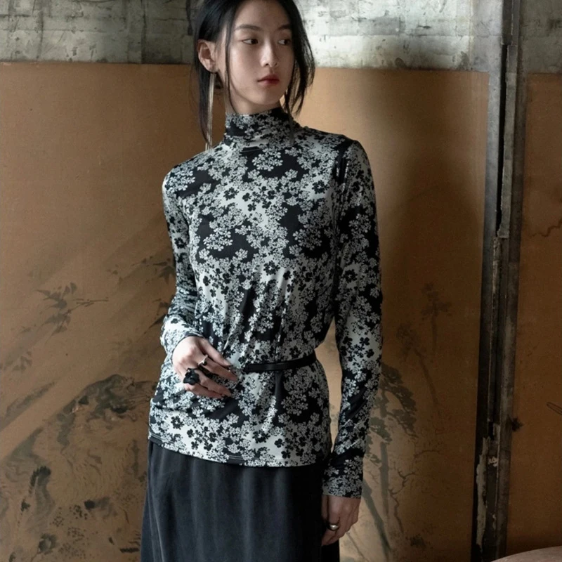 

Женская модная блузка в скандинавском винтажном стиле с принтом, длинным рукавом, воротником-шарфом и цветочным узором, для повседневной носки