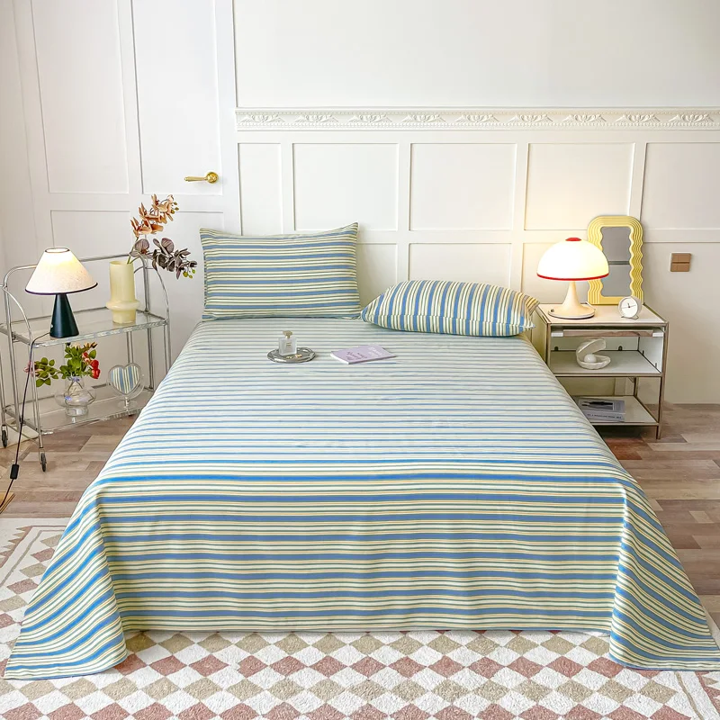 Yellow and Blue Stripes Flat Sheet Cotton Soft Bed Sheet Set Simple Geometry Bedding Sheets 3pcs Home Sheets with 2 Pillowcases