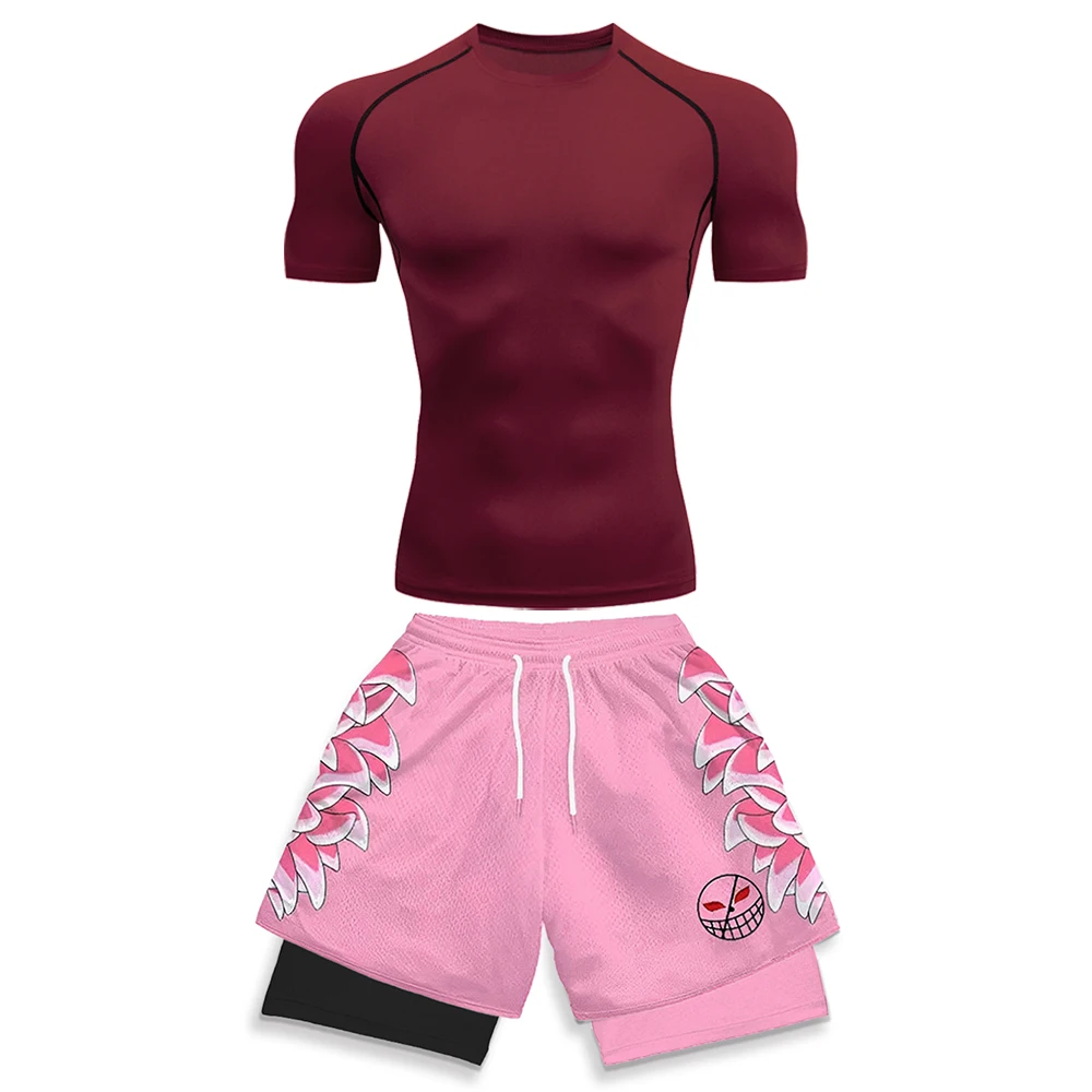 High Elasticity Workout Gear for Men White Compression T-shirt & Pink 3D Graphic Print Running Shorts Anime Gym Jogging Clothes view 2