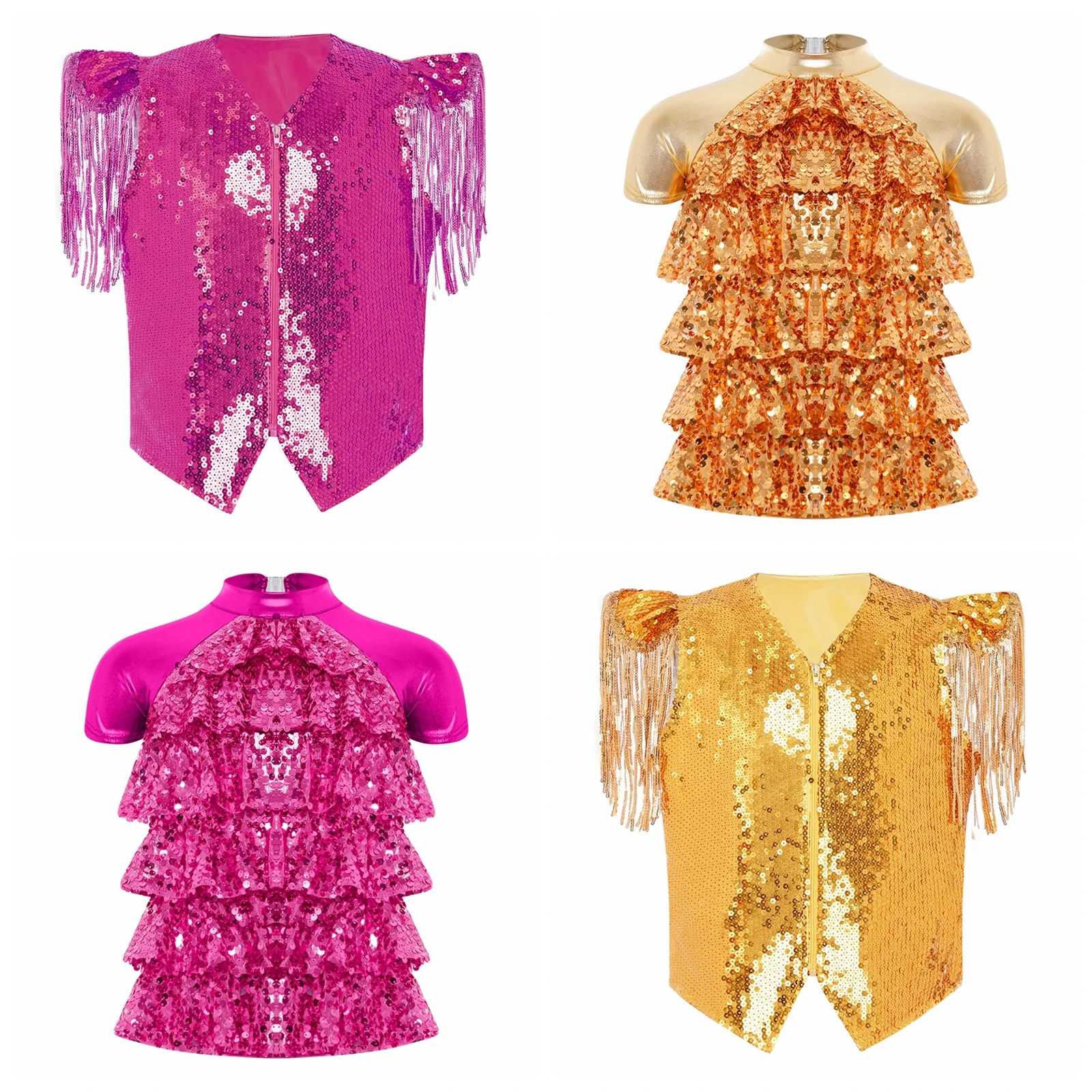 

Kids 70s Stage Performance Dancewear Boys Girls 80s Disco Tassels Waistcoat Jazz Dance Party Vests Children Sequin Metallic Vest