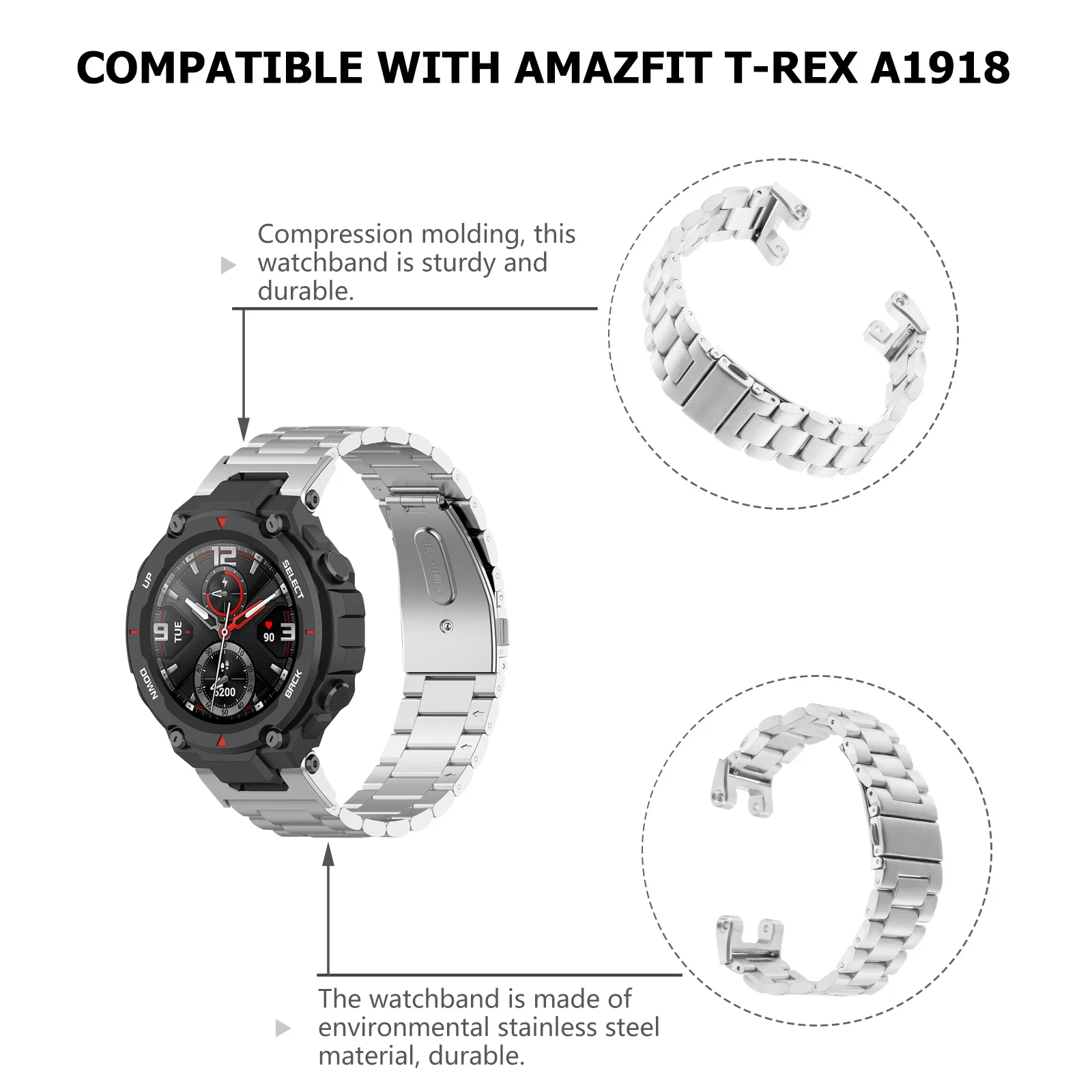 

Smart Watch Band Stainless Steel Adjustable Watch Strap for T- A1918 Compression Molded Metal Wristband Comfort Gift Idea
