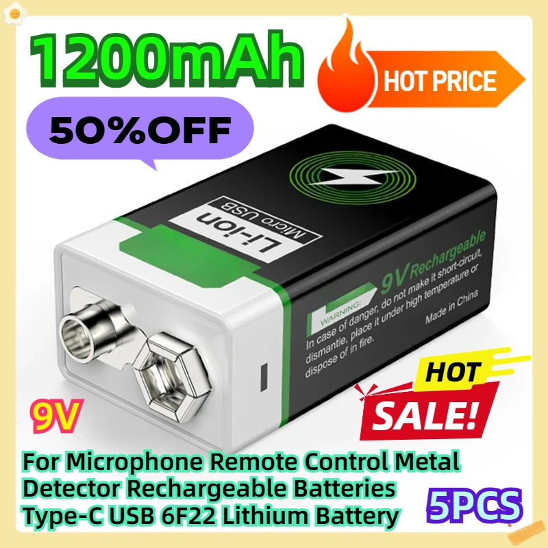 

1200mAh 9V 5pcs For Microphone Remote Control Metal Detector Rechargeable Batteries Type-C USB 6F22 Lithium Battery