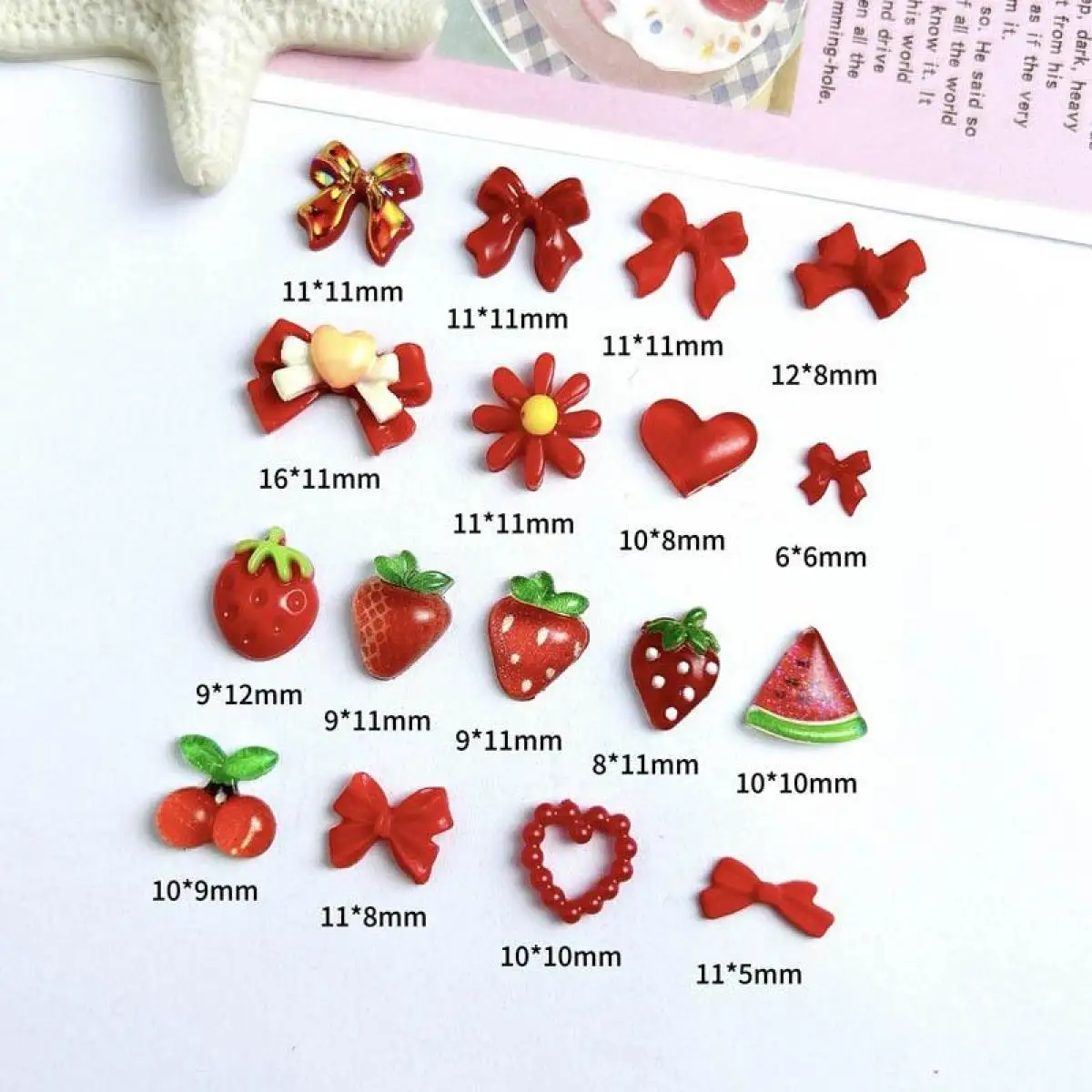 100PCS Mixed 3D Resin Red Series Nail Charms Kawaii Strawberry Bow Flower Watermelon Cherry Nail Art Decoration Accessories