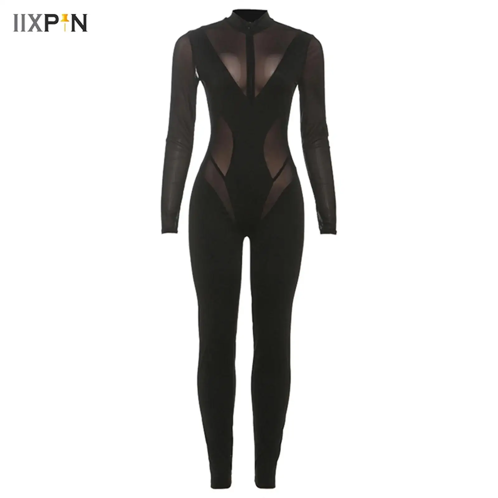 

Womens Gymnastics Figure Skating Jumpsuit Mock Neck Long Sleeve Front Zip Slim Sheer Mesh Patchwork Bodysuit Rompers Dancewear