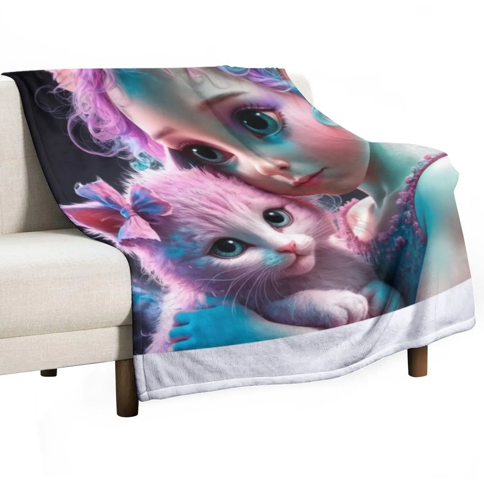 Girl With Kitty Throw Blanket cosplay anime Flannel funny gift Heavy Decorative Throw Decorative Sofas Blankets