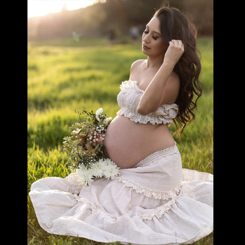 Umstandskleider für Babypartys, besticktes, kariertes, trägerloses, zweiteiliges Spitzenkleid, Schwangerschaftsfotografie-Outfit