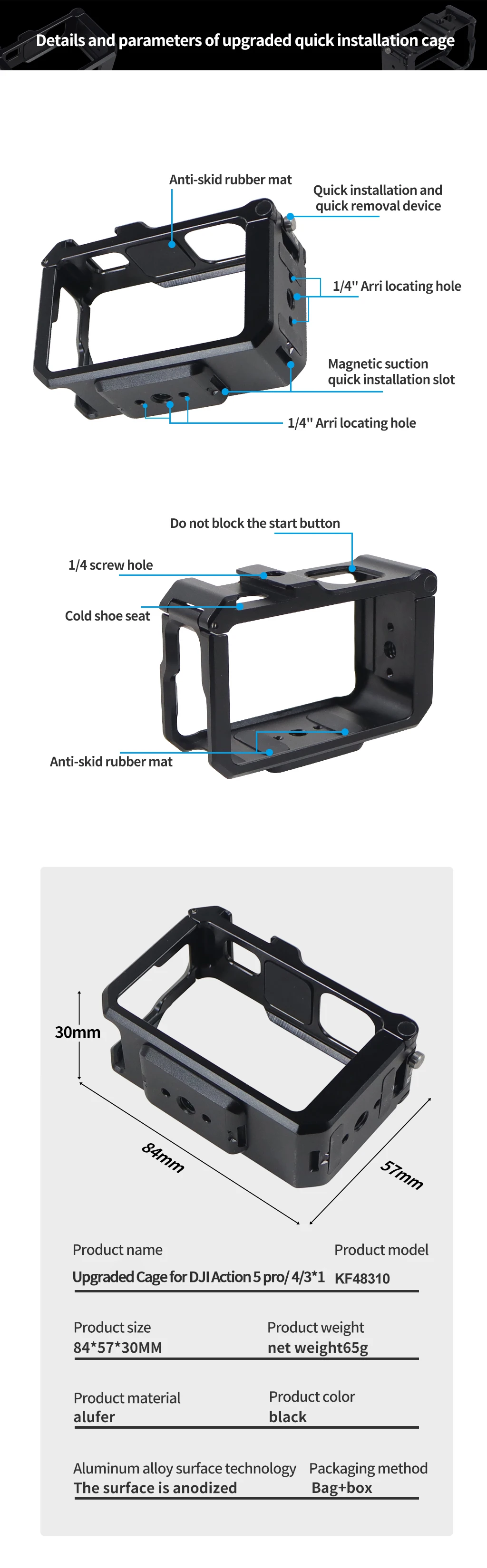 Verbessertes magnetisches Schnellwechsel-Kamerakäfig-Rig für DJI OSMO Action 3 4 5Pro Cold Shoe Mount 1/4" ARRI Schutzrahmen-Gehäuse-Kit – Detail 11