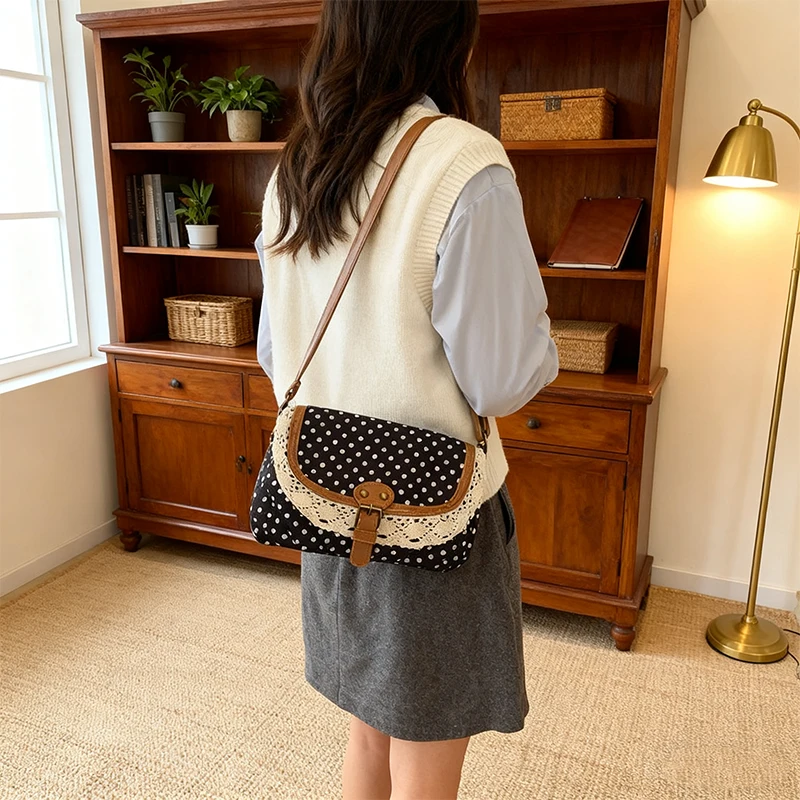 

Korean Polka Dot Canvas Bag Lace Antique Bag New Commuter Sundries Messenger Shoulder Bag