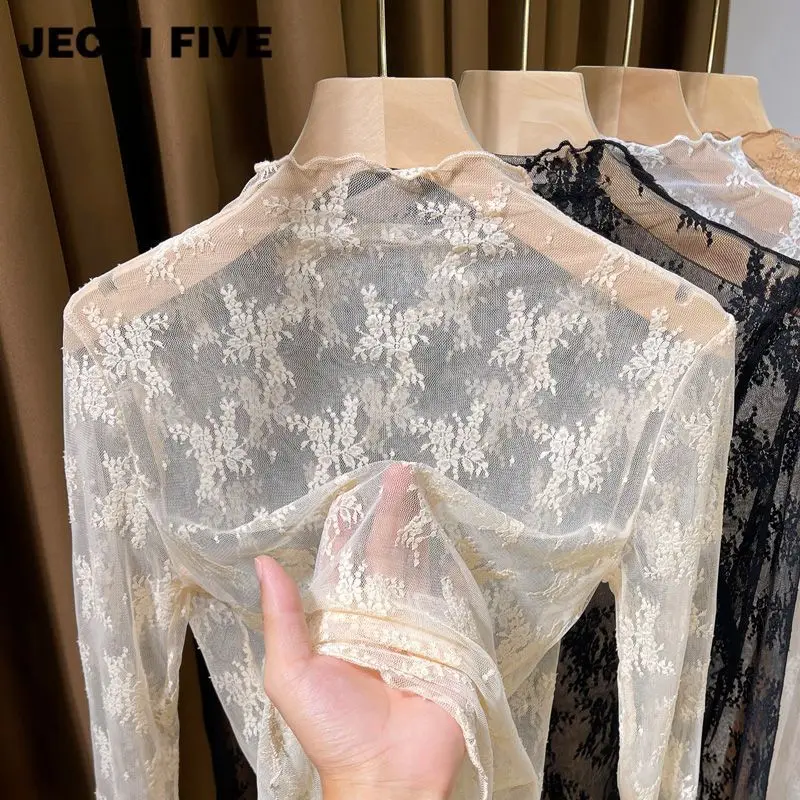 

Top Women's Summer Sheer Half-High Neck Lace Undershirt Stylish Lightweight Mesh Sweater Layering Piece Minimalist Casual Niche