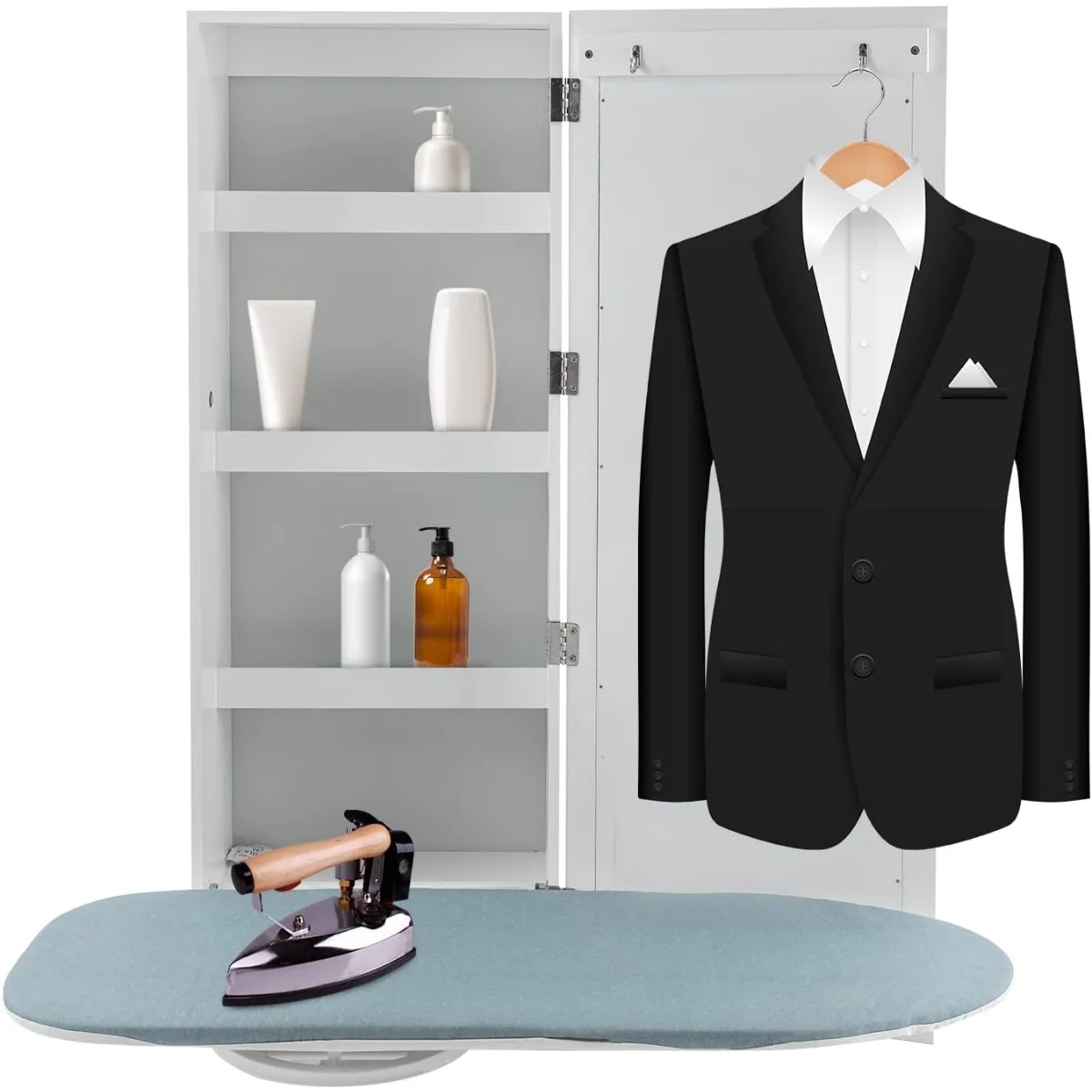 Wall Mounted Ironing Board, Rotatable Storage Cabinet with 4 Shelves and 2 Hooks, Space Saving, MDF, Anti Rust, Easy Install Ironing Board for Laundry Room Closet