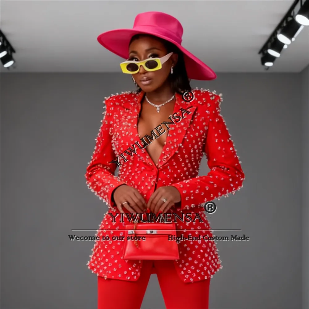 تخصيص بلينغ الخرز النساء السراويل الدعاوى السيدات حفلة موسيقية عيد ميلاد ملابس رسمية الزي 2 قطعة فساتين استقبال أم العروس #1