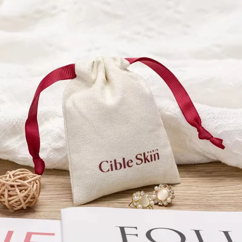 Custom Logo Natural Canvas Cotton Bag Double String Drawstring Bag  Ring Packaging Bags Wedding Party bag