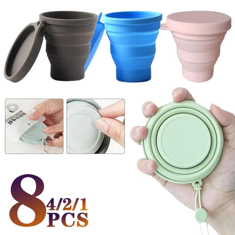 

1-8PCS 180ML Folding Cup Mini Retractable Cup Silicone Portable Teacup Outdoor Travel Coffee Telescopic Drinking Mug with Lid