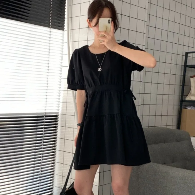 Korean Style Chic Summer round Neck Drawstring Bubble Sleeve Dress High Waist Slim A-Line Short Skirt Women's Fashion Dress